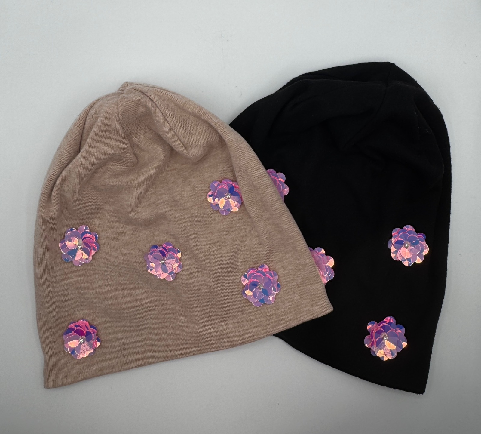Beanies with Sequin Flowers