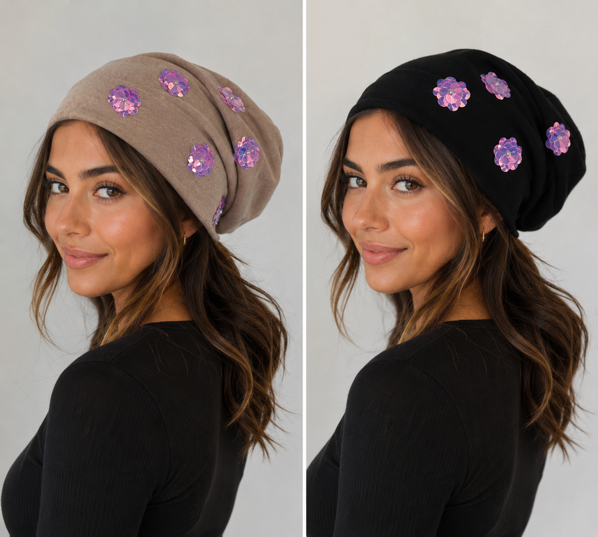 Beanies with Sequin Flowers