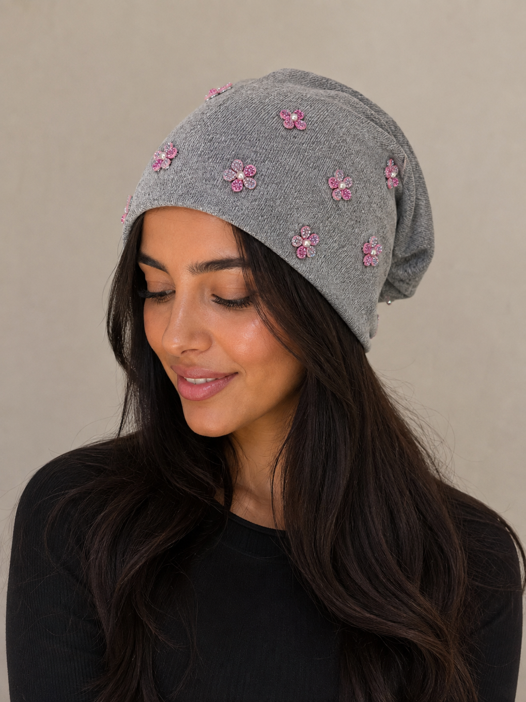 Beanie with Pink Iridescent Flowers