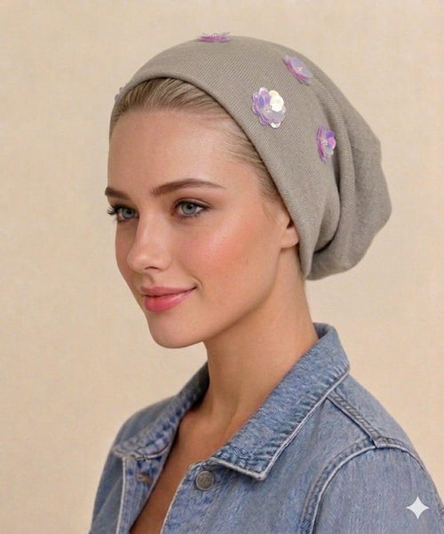 Beanies with Sequin Flowers