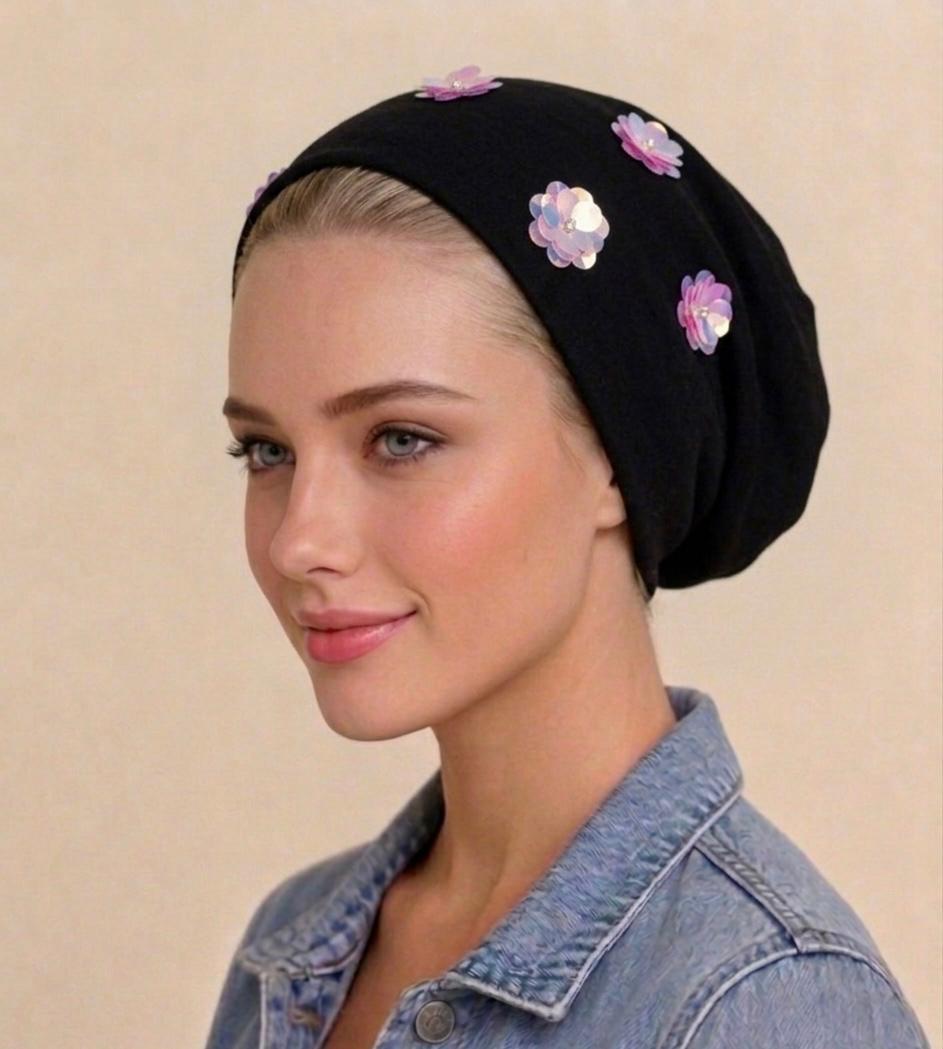 Beanies with Sequin Flowers